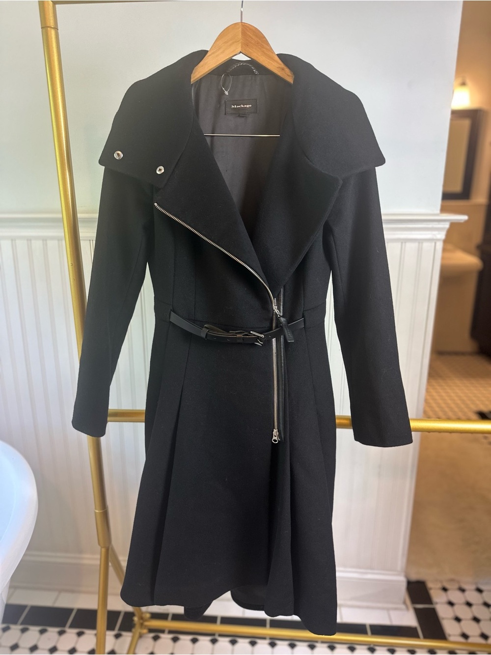 Mackage Black Asymmetrical Zip Wool Trench Coat